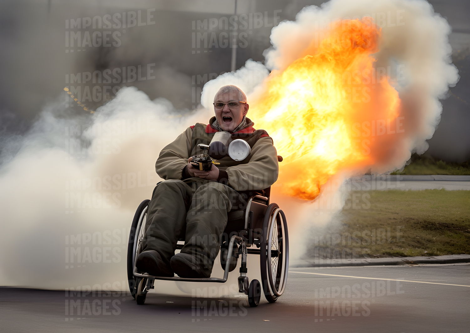 A man in a rocket propelled wheelchair Impossible Images Unique