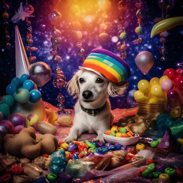 Dog Wearing A Rainbow coloured Hat Surrounded By Rainbow Weirdness dog-wearing-a-rainbow-coloured-hat-surrounded-by-rainbow-weirdness