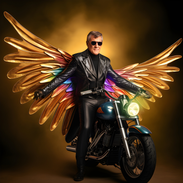 Man with butterfly wings riding a motorbike Impossible Images