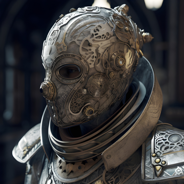 A Futuristic Humanoid wearing a full face helmet with an intricate ...