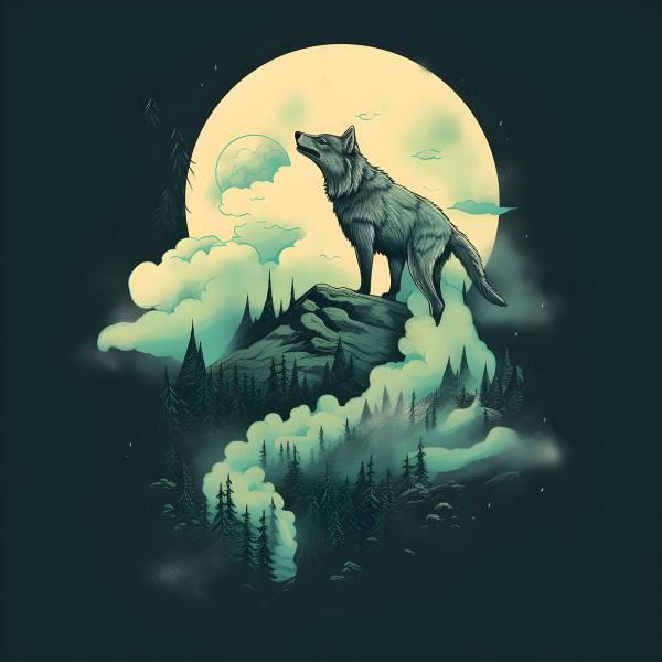 A magnificent Wolf standing atop a mountain with woodland below and a ...