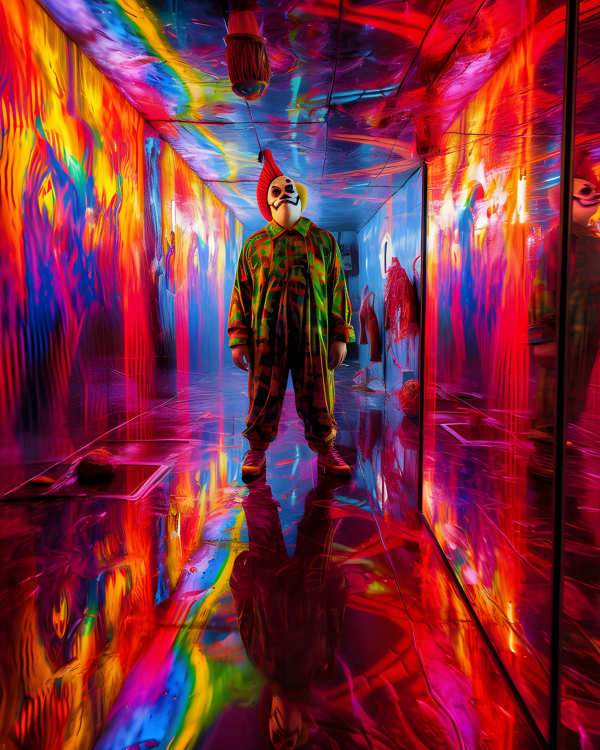 A clown stood in a room full of mirrors and vivid colours Impossible
