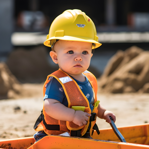 A Baby Construction Worker, working at a site. Impossible Images Unique stock images for