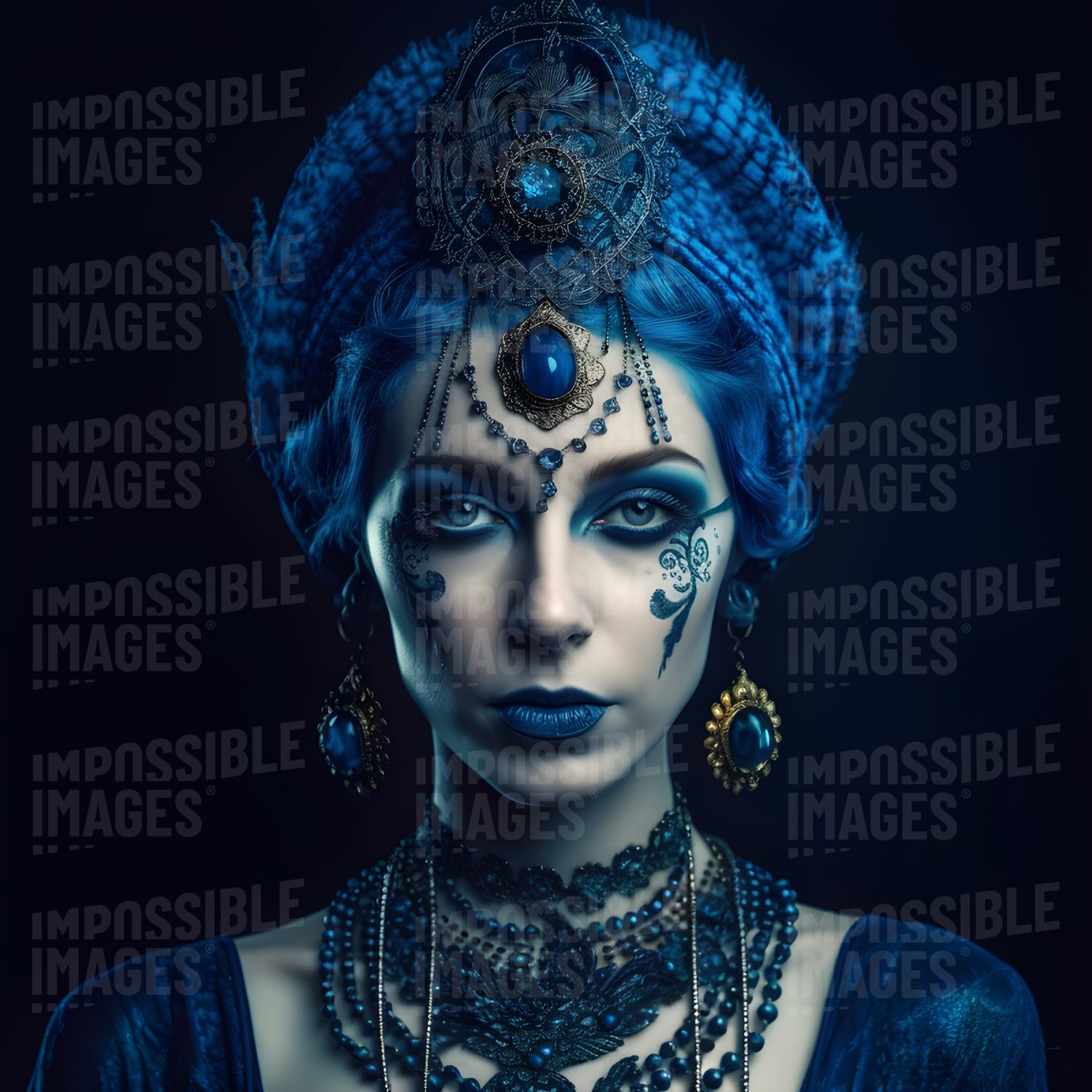 Woman with blue hair and ornate headdress and jewellery Impossible