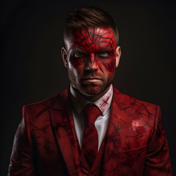 Man in a red suit with red and black patterns tattooed on his face ...