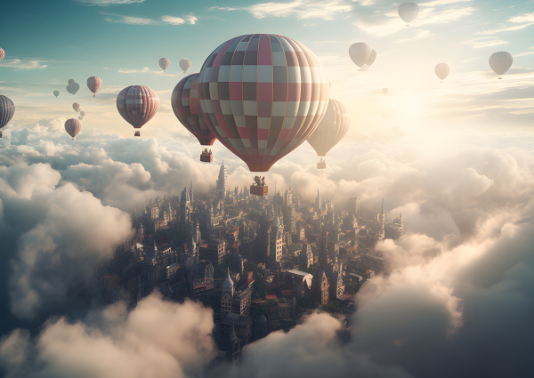 Hundreds of balloons floating above a city in the clouds - Impossible ...