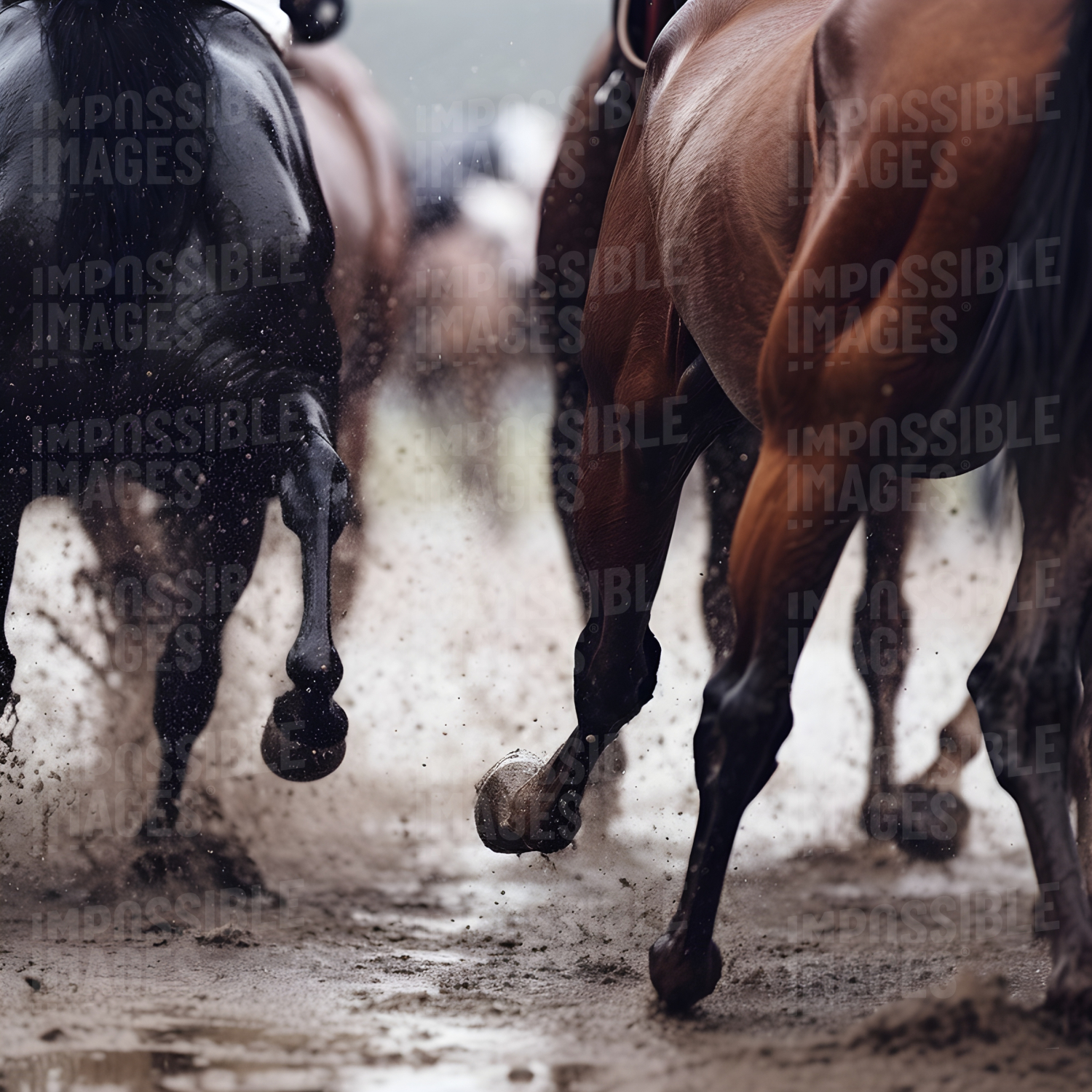 Horses kicking up the dirt in a race Impossible Images Unique stock