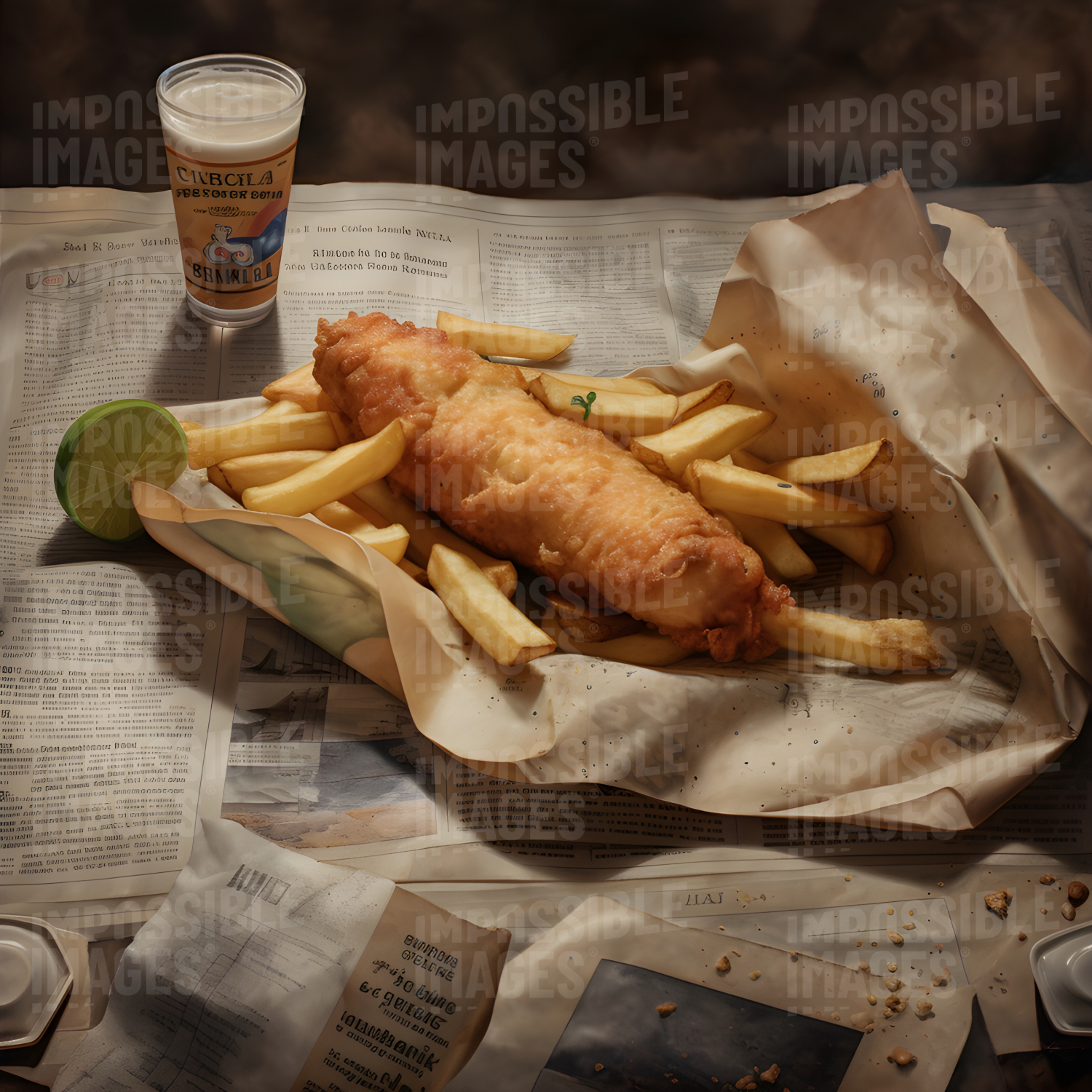Fish and chips served in newspaper Impossible Images Unique stock