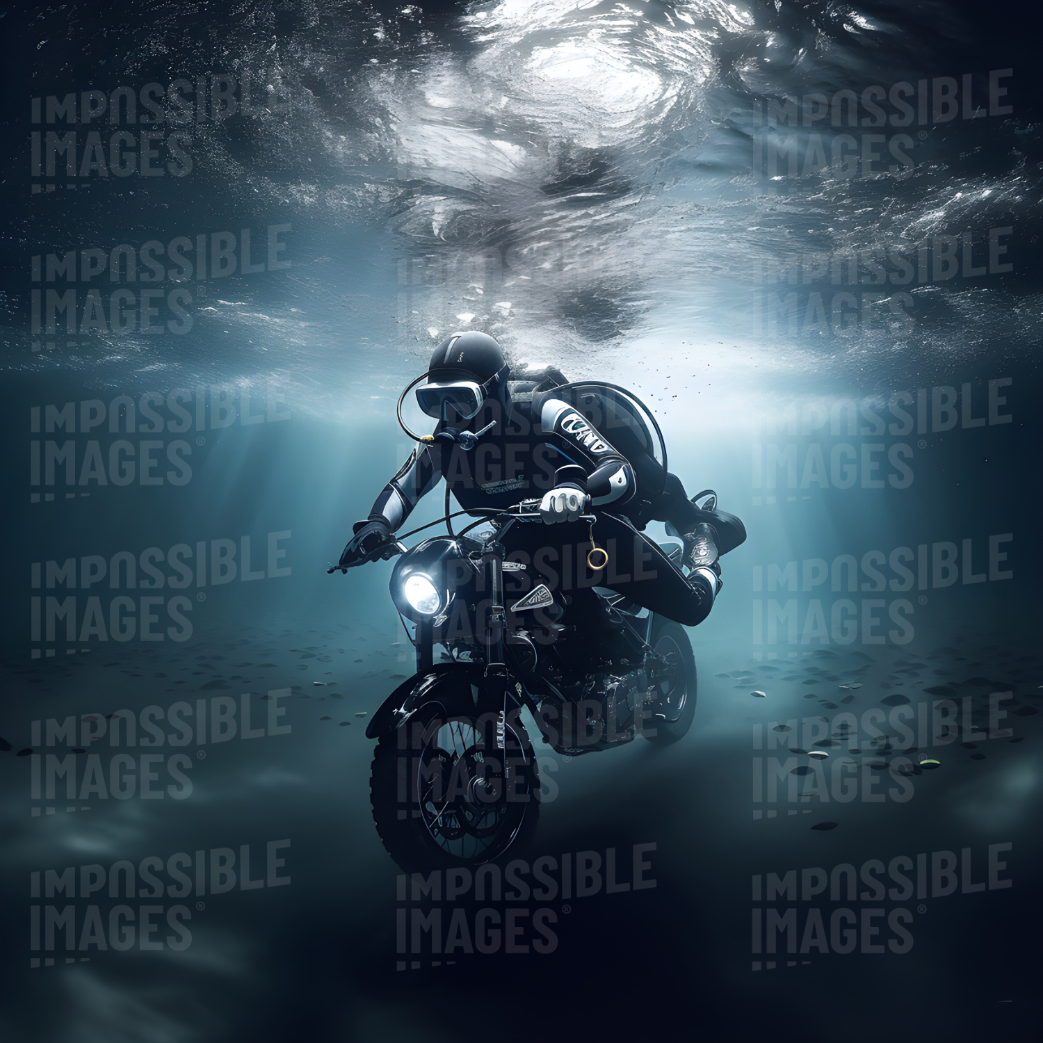 Riding a motorcycle underwater Impossible Images Unique stock