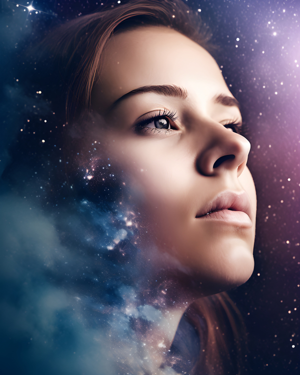 Double exposure of a woman in a nebula filled cloud - Impossible Images ...
