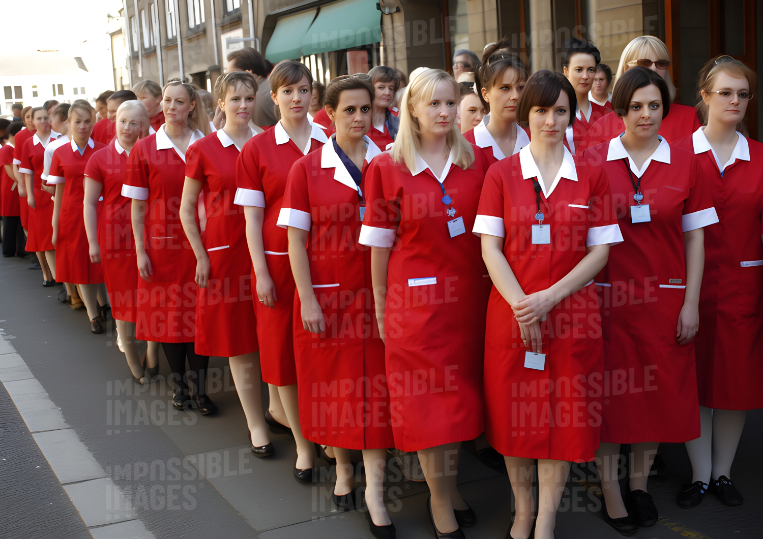 A large queue of women in red nurse uniform Impossible Images